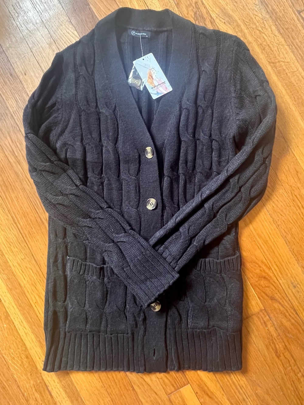 Black Cable-Knit Button Cardigan Sweater